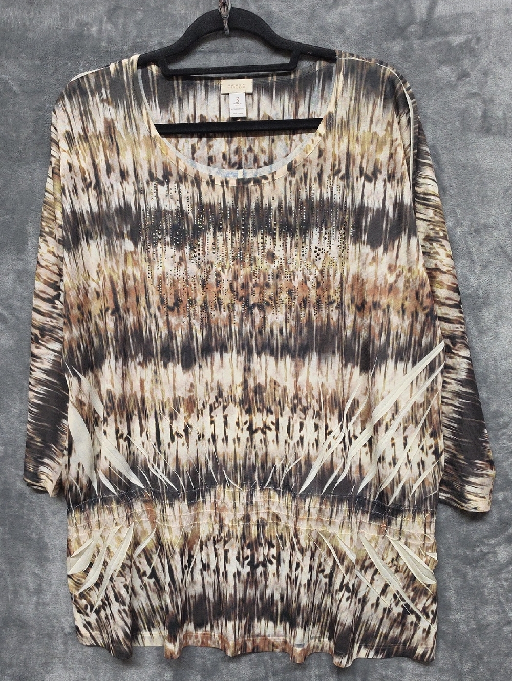 Chico's Neutral Tie-Dye Rhinestone Beaded Pullover Tunic sz 3(XL)